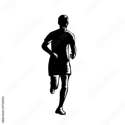 Marathon Runner Silhouette Running Front View Retro Woodcut Black and White