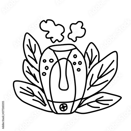 Home humidifier for room. Healthy humidifier vector icons for web design isolated  a white background. Concept of an air purifier device surrounded by leaves.Vector illustration in line style.