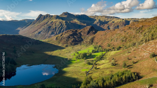 Blea Tarn aerial passover which shows the tarn and surrounding area including, Side Pike and Harrison Stickle, Thorn Crag, Blea Rigg and the langdale fells, in the English Lake District.UK © jmh-photography