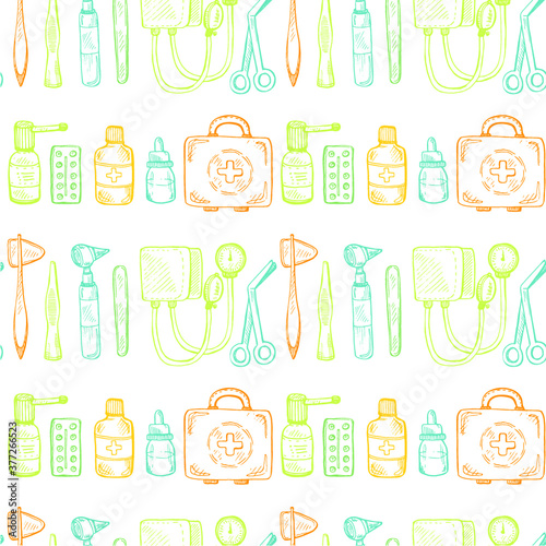 Seamless pattern including equipment , medical tools and drugs. Vector hand drawn medical collection