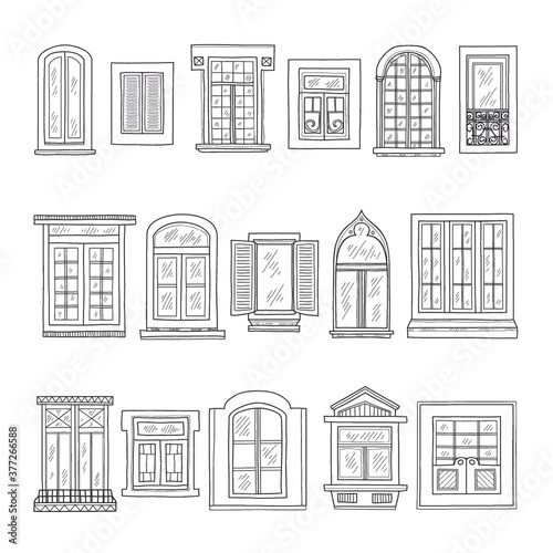 Set of cute hand drawn windows including 15 different types. Vintage windows collection