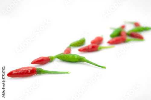 Bird's Eye Chilli Green and Red on White Isolated Background.