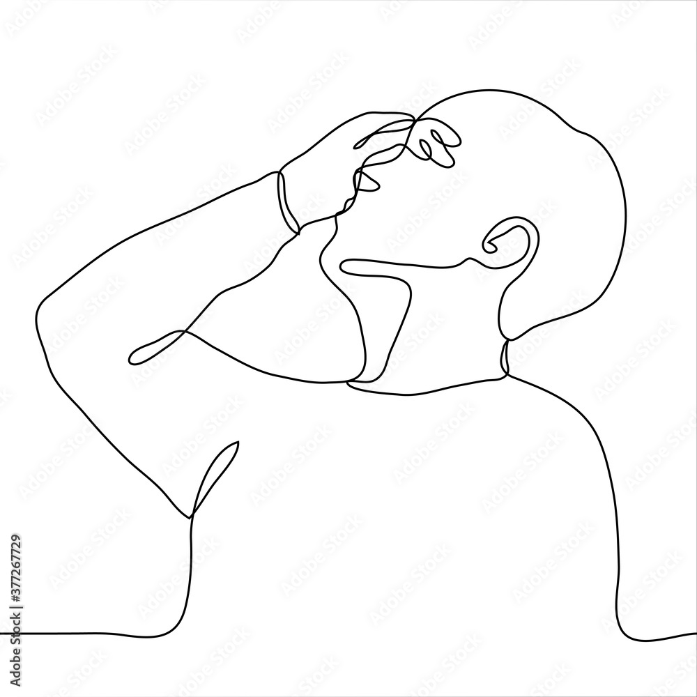 profile drawing of a man covering his eyes with one hand. One continuous line drawing of a man with his head back, putting his hand on face. Fatigue, frustration, headache concept profile drawing of a man covering his eyes with one hand. One continuous line drawing of a man with his head back, putting his hand on face. Fatigue, frustration, headache concept
