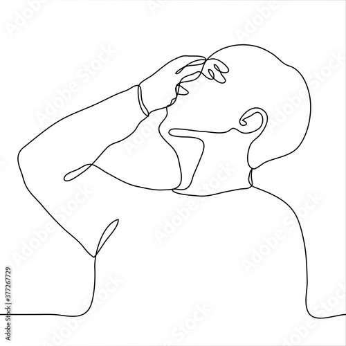 profile drawing of a man covering  his eyes with one hand. One continuous line drawing of a man with his head back, putting his hand on face. Fatigue, frustration, headache concept