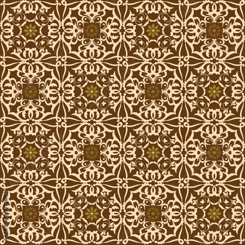 Flower design pattern on Indonesian traditional batik clothes with simple brown color design.