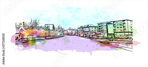 Building view with landmark of Bacau is the main city in Bacau County, Romania. Watercolor splash with hand drawn sketch illustration in vector.