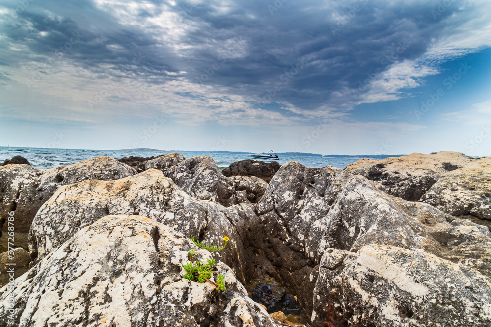Beautiful rock formations along the Adriatic Sea coast in summer