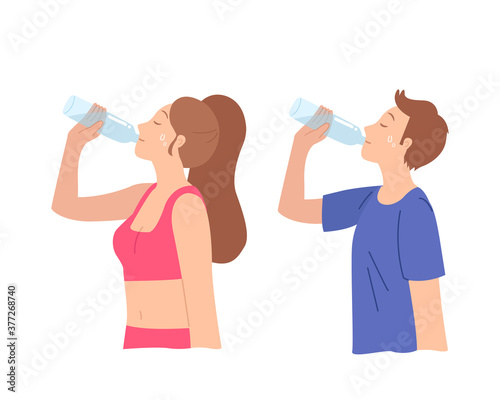 Man and woman drinking from plastic bottle in sport wear attire. Feeling refresh after doing exercise. Drink clip art. Flat vector isolated on white background.
