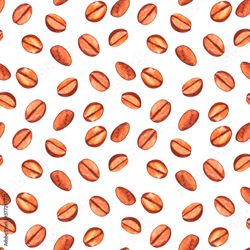 Seamless pattern with coffee beans. Watercolor illustration background for cafe, bistro, restaurant, bars menu card. Food and drink abstract texture design