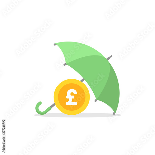 Blue umbrella with gold pound sterling coins under it. Vector flat icon isolated on blue.