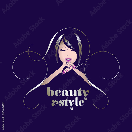 Beautiful woman with elegant hairstyle, makeup and manicure.Beauty salon, hair studio, nails art, cosmetics and spa icon.Young lady face and hands isolated on dark fund.Luxury style illustration.