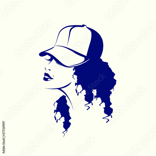 Woman with curly hair and sports hat.Smiling girl with bold makeup.Fashion and beauty salon illustration.Young female portrait isolated on light background.Cute face.