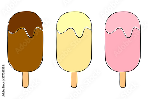 A set of hand drawn ice creams isolated on white background. Chocolate, vanilla and strawberry taste collection.	