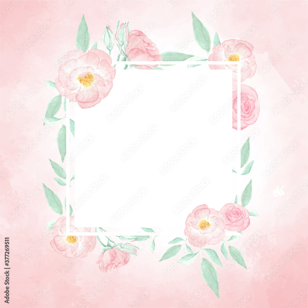 watercolor pink wild rose wreath with  frame  on pink splash background