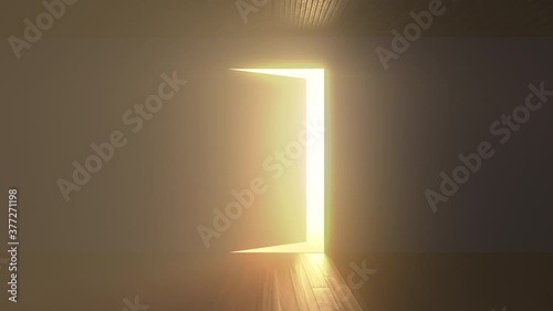 Door opens and a bright light flooding a dark room. Can be used as a concept of new innovations, future and hope, new beginning or a win of a fight for freedom photo