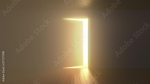 Door opens and a bright light flooding a dark room. Can be used as a concept of new innovations, future and hope, new beginning or a win of a fight for freedom