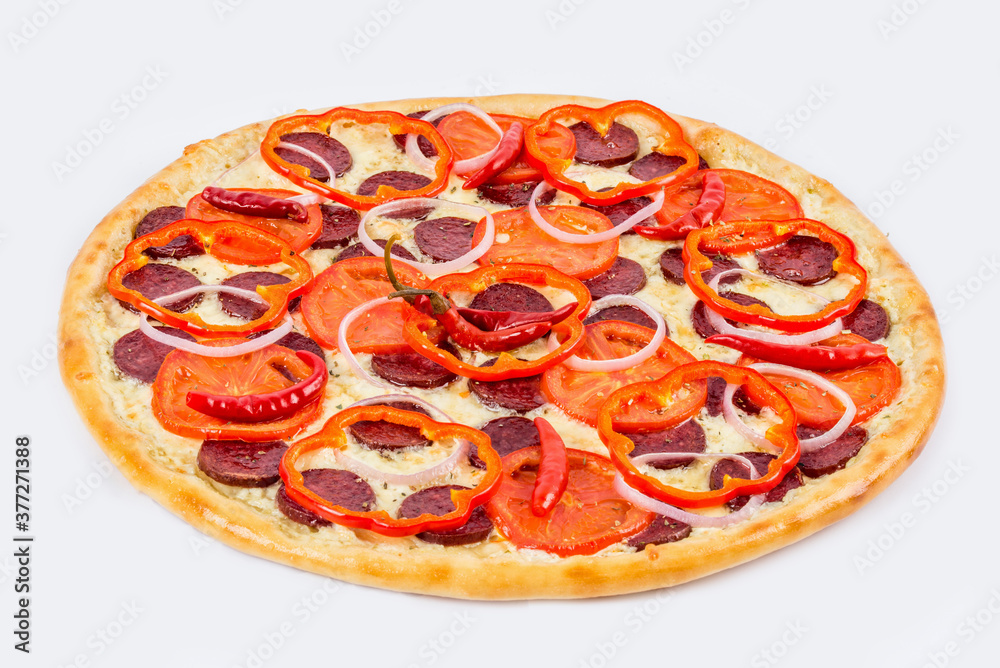 Ready-made pizza with sausage, peppers, tomatoes and cheese