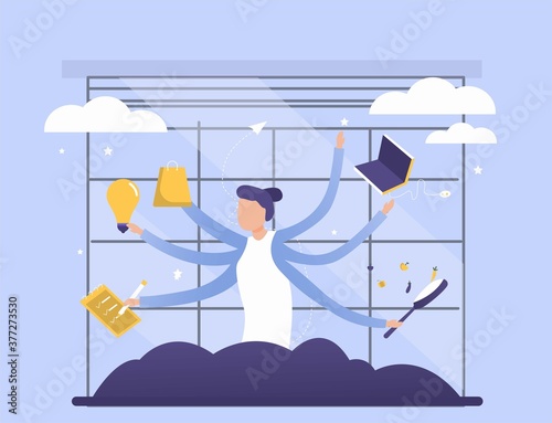 Stressed multitasking women trying to get in time making many works use computer vector flat illustration. Female office workers hurrying to work isolated on white. landing page, template,  banner.