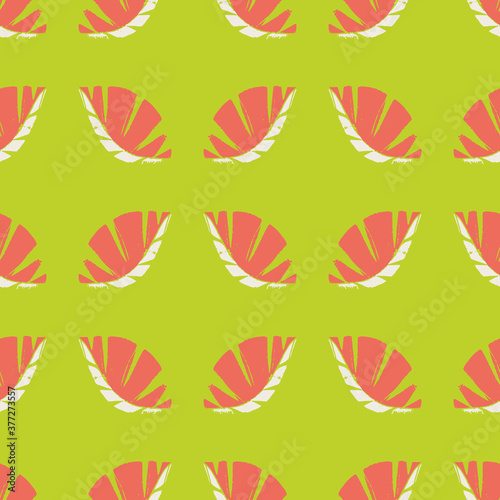 Geometric mono print style leaves seamless vector pattern background. Textured cut out coral color white foliage on green backdrop. Hand crafted painterly tropical design. All over print for vacation
