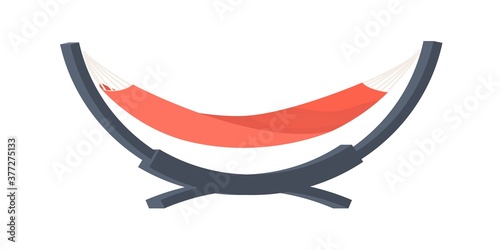Red fabric hammock hanged on metal frame vector flat illustration. Equipment for relax, sleep or swing isolated on white. Decorative modern comfortable facility for leisure, recreation or resting