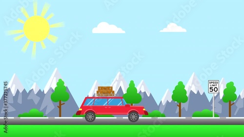 A red cargo car drives down the highway on a sunny day with mountains on the horizon and clouds. High quality 4K loop drawn animation.
