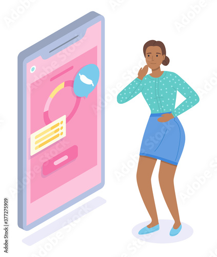 Isometric smartphone with mobile app. Woman patient have pain in stomach, ulcer, gastritis consulting with nutritionist through online medical cabinet. Concept of online medicine at distance