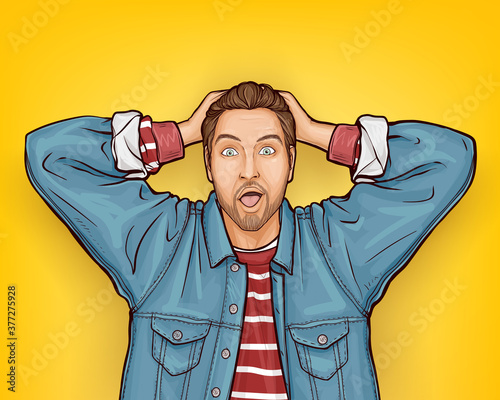 Pop art vector illustration of hipster man with wow surprised face expression. Baffled and confused bearded guy in the denim jacket holding head in hands. Male customer shocked of price discount offer