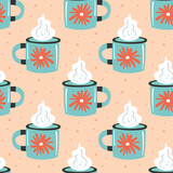 Light blue cup with steam seamless pattern, texture, background. Hot drink. Autumn illustration, element. Vector.