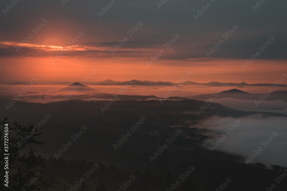 Sunrise in Czech Republic, with fog, moody