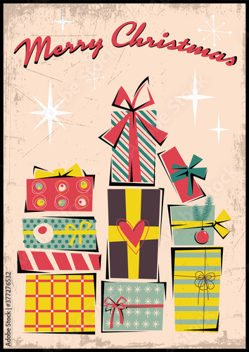 Merry Christmas 2021 Illustration, Mid Century Modern Postcards Stylization, Gift Boxes, 1950s Colors and Shapes, Grunge Textured Background