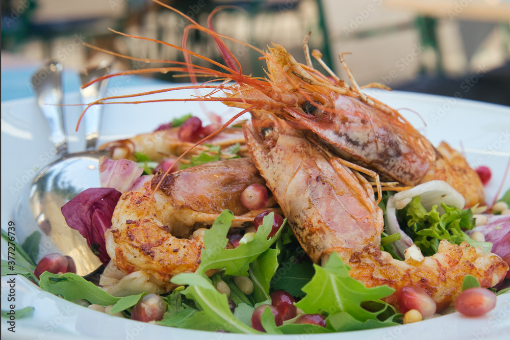 Delicious light shrimp salad with arugula, cherry tomatoes, parmesan cheese and garnet seeds Delicious light shrimp salad with arugula, cherry tomatoes, parmesan cheese and garnet seeds