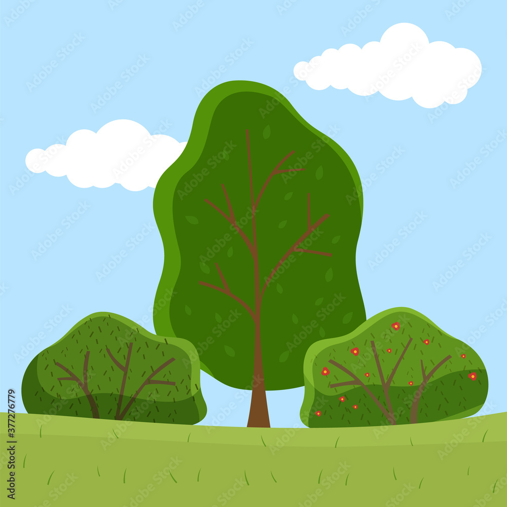 Summer trees and blooming bush collection, bushes at field, green grass,  sky with clouds background, beautiful view at scenery with plants, day  time, nobody, environment concept, cartoon style Stock Vector | Adobe