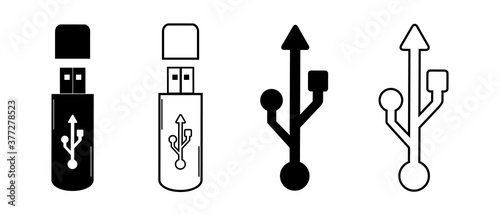 USB Flat Icon Set - Black Vector Illustrations - Isolated On White Background