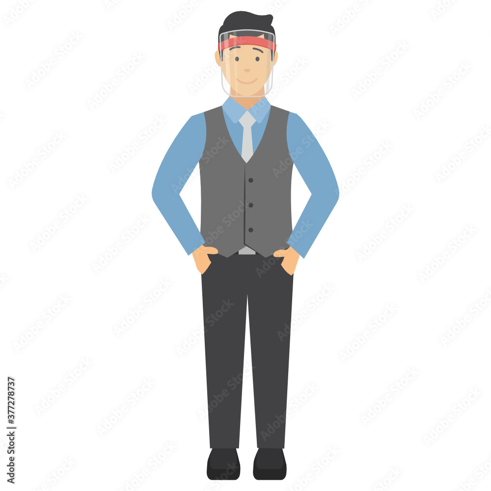 Young businessman wearing medical coronavirus prevention face visor Vector Illustration Design, New normal life Business People on white background, 