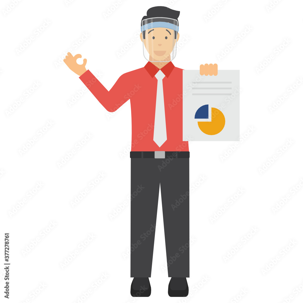 Manager holding Reports Concept Vector Icon illustration, New normal Business character on white background, Executive wearing coronavirus medical face shield Graphic 