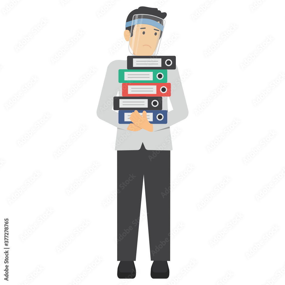 Handsome Guy holding a lot of Office files and wearing coronavirus medical face shield Vector Icon Design, Manager Poses and Action illustration, New normal Business character on white background Handsome Guy holding a lot of Office files and wearing coronavirus medical face shield Vector Icon Design, Manager Poses and Action illustration, New normal Business character on white background