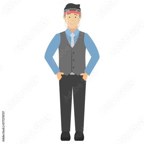 Young businessman wearing medical coronavirus prevention face visor Vector Illustration Design, New normal life Business People on white background,  © shmai