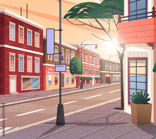 Street of town vector cartoon illustration of the historic urban area with trees and streetlight. Cityscape with vintage brick building, narrow road and pedestrian walkway view from the corner
