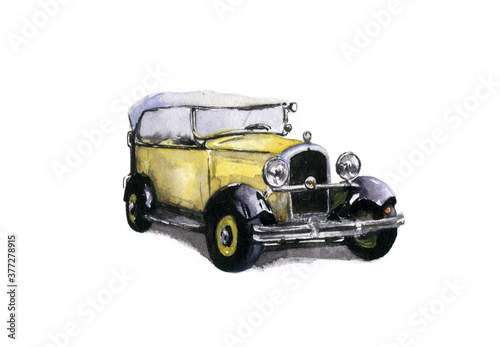 Watercolor drawing isolated yellow french retro car