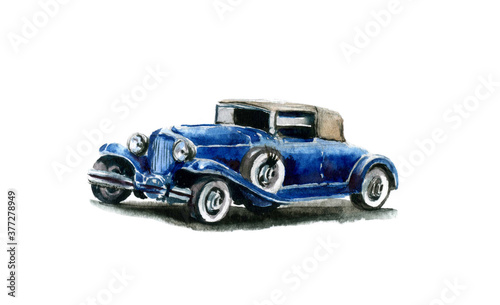 Watercolor drawing isolated blue american retro car