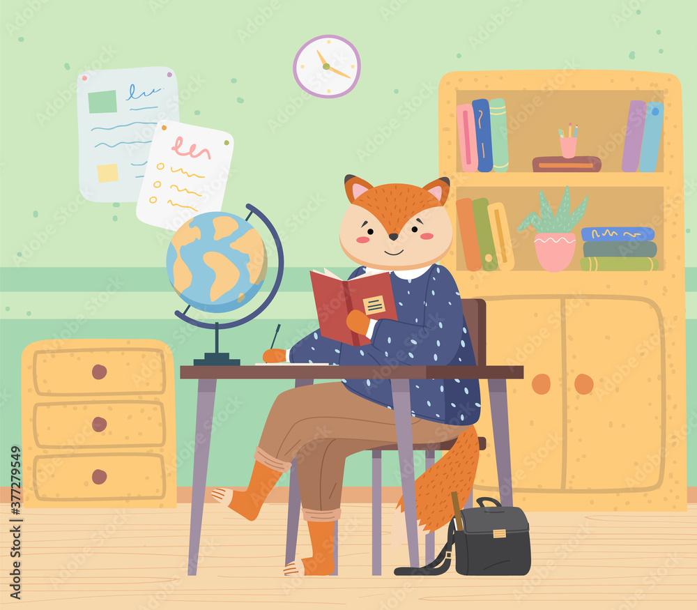 Lovely cute fox schoolgirl with handbag sitting at a desk, reading  exercises, came to study at