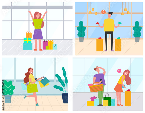 Supermarket shopping vector, man and woman with bags and presents. Lady running for sales in shop, buyers male choosing shoes footwear couple market