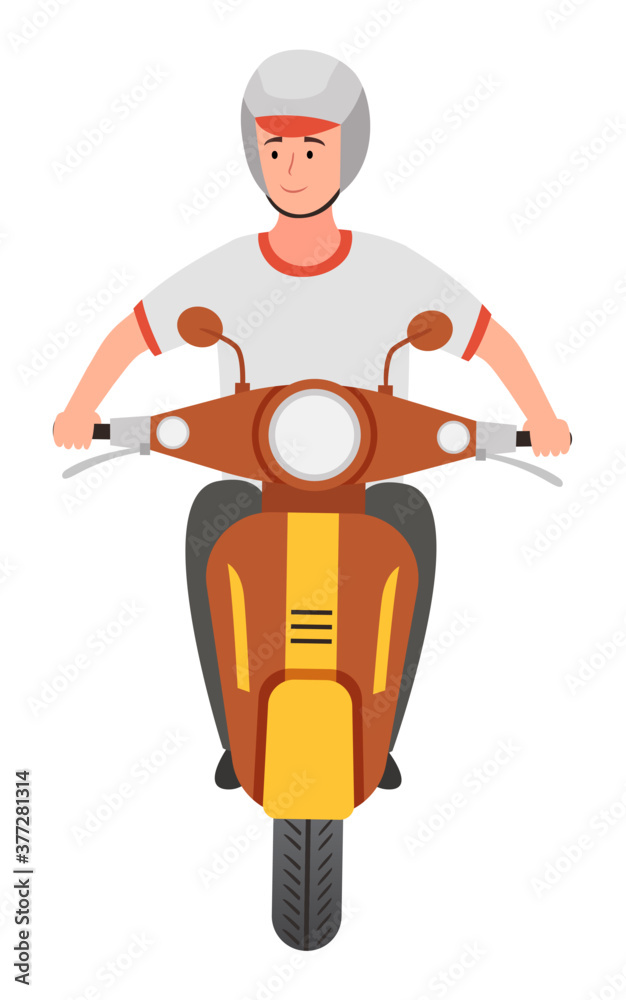 Young smiling guy wearing helmet riding at scooter, front view. Man protected himself isolated at white. Driver at motor bike. Transport, vehicle, bike. Cartoon character, flat style portrait