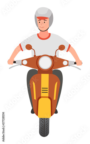 Young smiling guy wearing helmet riding at scooter, front view. Man protected himself isolated at white. Driver at motor bike. Transport, vehicle, bike. Cartoon character, flat style portrait