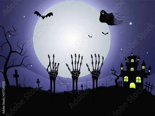 Full Moon Graveyard Background with Skeleton Hands, Ghost, Bats Flying and Haunted House for Halloween Party.