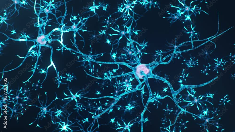 Animation neurons in the brain.Synapse and Neuron cells sending electrical chemical signals. Activity of electrical impulses synapses, axons, neurotransmitters, dendrites in the brain, 4K 3D Animation