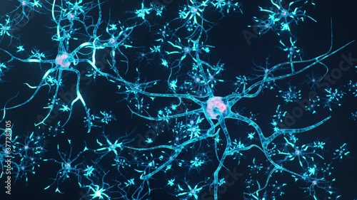 Animation neurons in the brain.Synapse and Neuron cells sending electrical chemical signals. Activity of electrical impulses synapses, axons, neurotransmitters, dendrites in the brain, 4K 3D Animation
