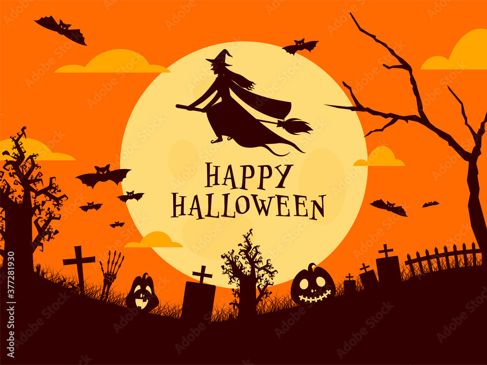 Full Moon Graveyard Background with Witch Flying on Broom, Bats, Skeleton Hand and Spooky Pumpkins for Happy Halloween Celebration.