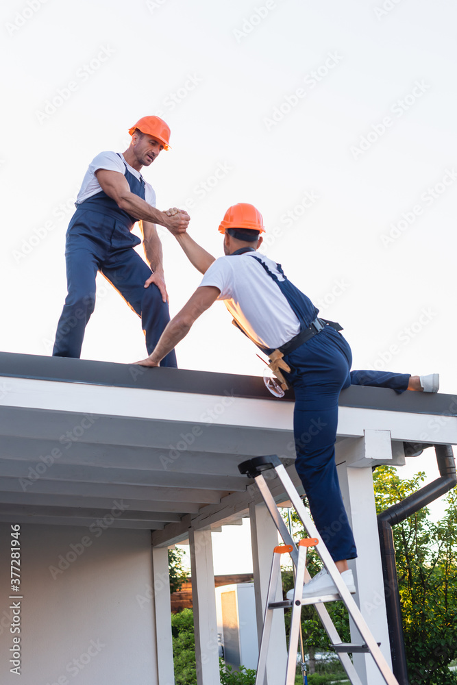 Builder helping to colleague on ladder near roof of building Builder helping to colleague on ladder near roof of building