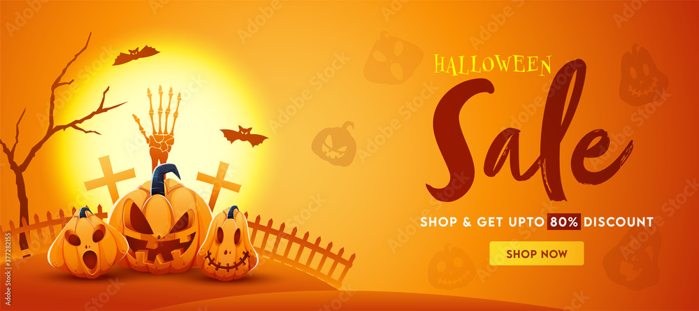 Halloween Sale Header or Banner Design with 80% Discount Offer and Jack-O-Lanterns on Full Moon Orange Background.